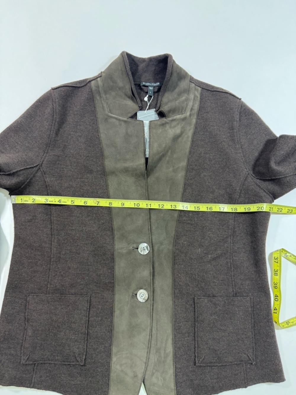 New Eileen Fisher Notch Collar Jacket Blazer Merino Wool Lamb Leather Peat Brown - Picture 6 of 8